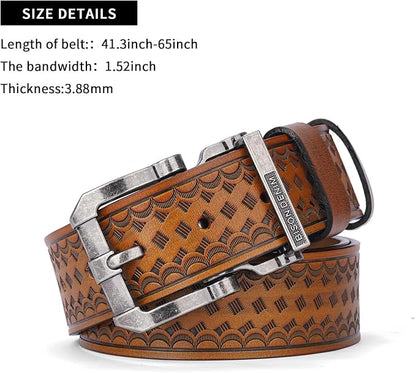 BISON DENIM Men's Genuine Leather Casual Belt, Classic Western Cowboy Dress Belts