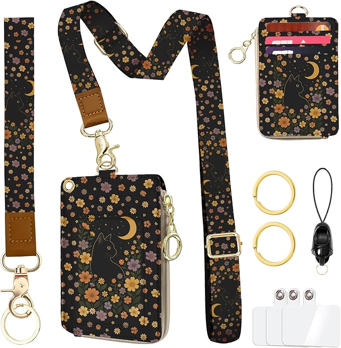Black Cat Lanyard Wallet with ID Holder, Cute Floral ID Badge Holder with Lanyard, Slim Zipper Card Holder for Women,Detachable Neck Lanyard Wrist Strap with Keychain for Teacher Work Office Gifts