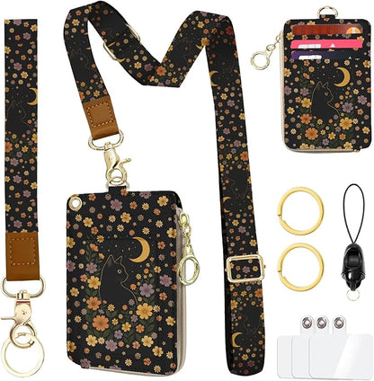 Black Cat Lanyard Wallet with ID Holder, Cute Floral ID Badge Holder with Lanyard, Slim Zipper Card Holder for Women,Detachable Neck Lanyard Wrist Strap with Keychain for Teacher Work Office Gifts