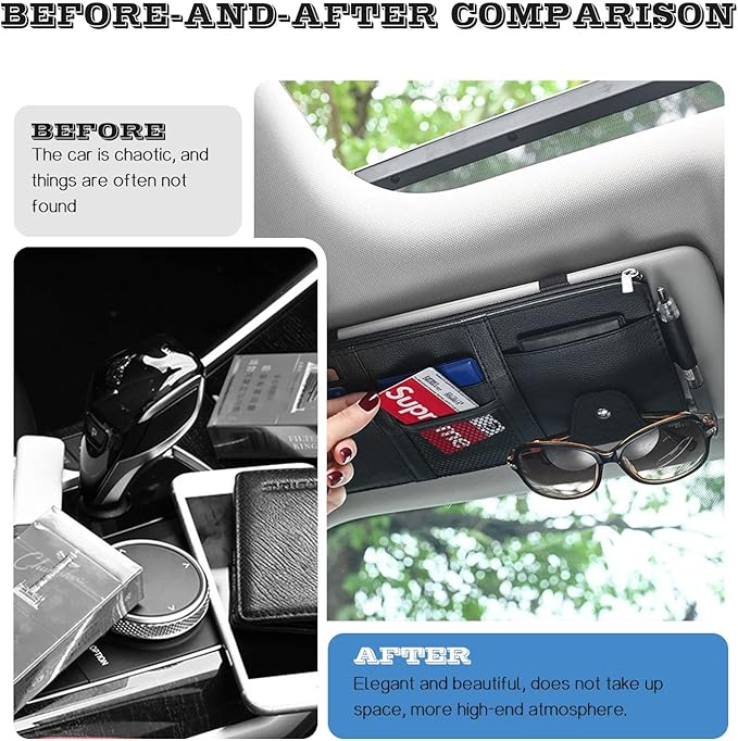 1 Piece Car Sun Visor Organizer, Leather Zipper Visor Storage Bag, 11.4In x 5.9In Multifunctional Pocket Business Card Holder, Universal for Men Women Car Interior Receiving (Black)
