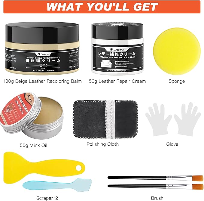 Leather Recoloring Balm Beige, Mink Oil Leather Conditioner & Leather Filler Cream, Leather Repair Kit for Furniture,Vinyl Repair Kit Restore Couches, Car Seats, Purse, Scratch, Peeling, Burn Holes