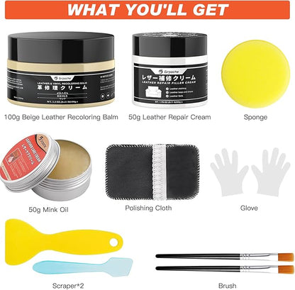 Leather Recoloring Balm Beige, Mink Oil Leather Conditioner & Leather Filler Cream, Leather Repair Kit for Furniture,Vinyl Repair Kit Restore Couches, Car Seats, Purse, Scratch, Peeling, Burn Holes