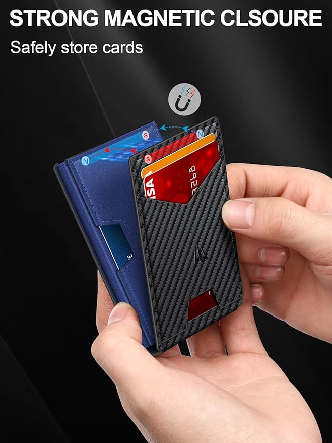 Wallet for Men, Slim Minimalist Wallet with Money Clip＆ID Window, RFID Blocking Pop-Up Credit Card Holder, Smart Auminum Mens Wallet Holds 9-13 Cards (Gift Box) (Carbon Fiber & Blue)