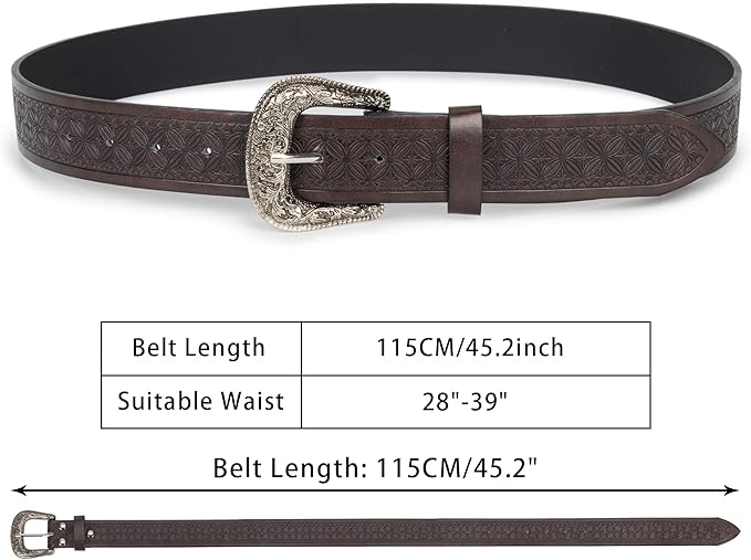 Utaly Men's Casual Leather-Belt, Western-Belt for Women Vintage Carved-Buckle Cowboy-Waist-Belts for Jeans Waist 28"-39"