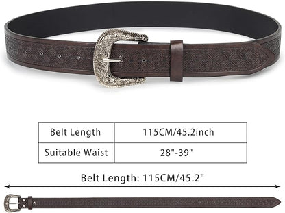 Utaly Men's Casual Leather-Belt, Western-Belt for Women Vintage Carved-Buckle Cowboy-Waist-Belts for Jeans Waist 28"-39"