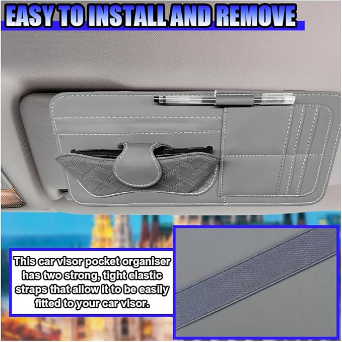 Car Sun Visor Organizer, Vehicle Sunglasses Holder, Automotive Storage Pocket for Pen, Glasses, Ticket, Card, Auto Interior Accessories Pocket for Car, SUV, Truck (Grey)