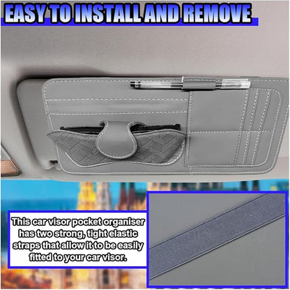 Car Sun Visor Organizer, Vehicle Sunglasses Holder, Automotive Storage Pocket for Pen, Glasses, Ticket, Card, Auto Interior Accessories Pocket for Car, SUV, Truck (Grey)