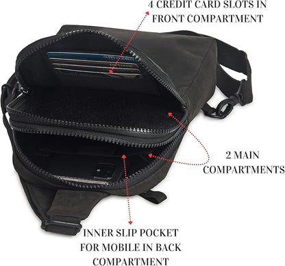 Leather Sling Bag for Women Genuine Crossbody Purse Small Trendy Cross Over Chest Phone and Credit Card Slots (Black Crazy Horse)