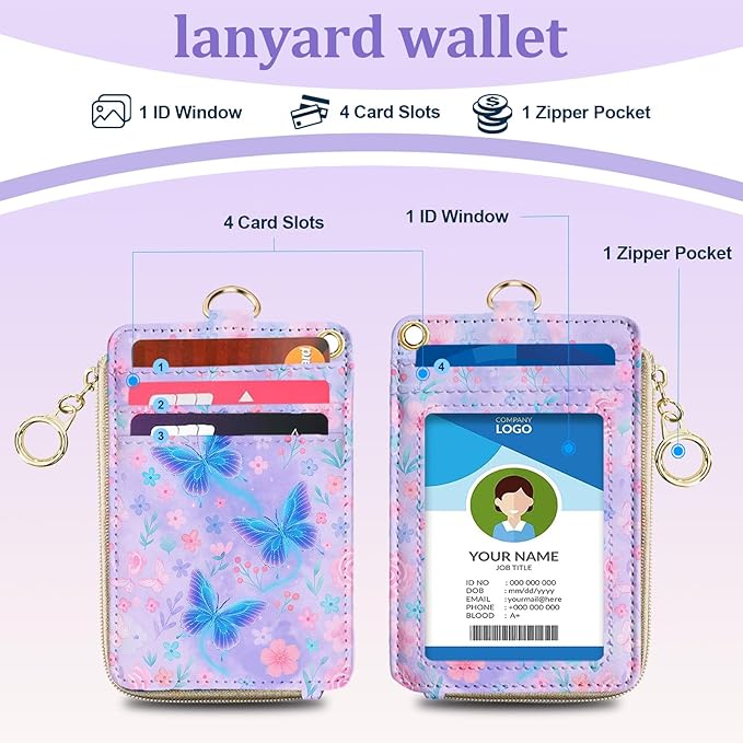 Lanyard Wallet with ID Badge Holder, Small RFID Wallet Women Keychain Wristlet, Leather Credit Card Holder with Zipper Pocket Phone Lanyard Wrist Strap Office Business-Gradient Butterfly
