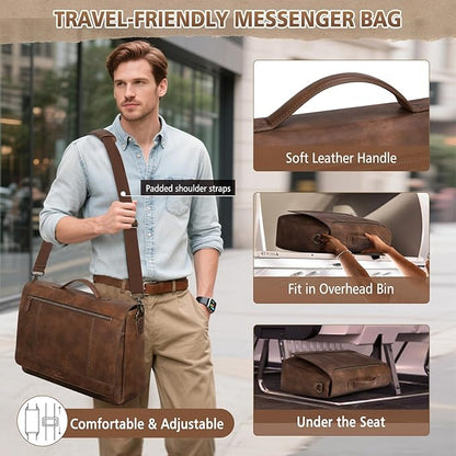RAINSMORE Leather Messenger Bag for Men 15.6 Inch Laptop Bag Vintage Briefcase Large Computer Bag Satchel Shoulder Bag For College, Work, Business, Office, Brown