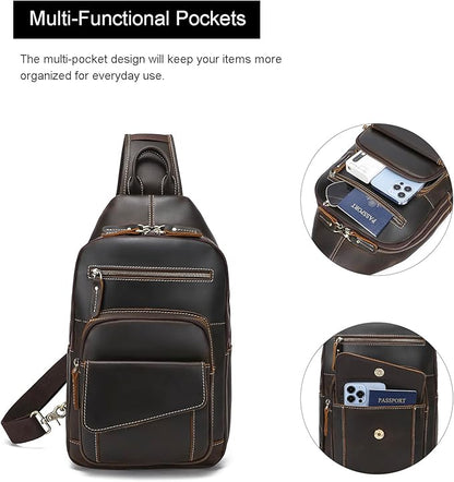 LANNSYNE Full Grain Leather Casual Sling Bag For Men Hiking/Travel/Business Crossbody Chest Bag Fits 12.9" iPad