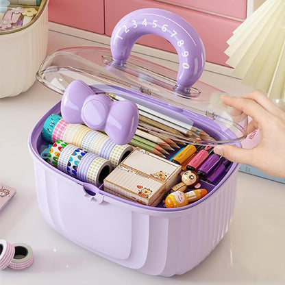 Noamus 10" Multipurpose Storage Box with Removable Tray, 2 Layer Cute Hair Accessories Organizer, Clear Plastic Folding Craft Case for Headbands, Sewing, Clips Ties Supplies, Purple