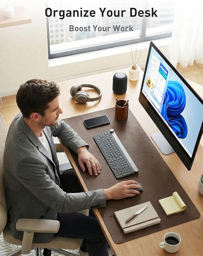 Aothia Faux Leather Desk Mat - Large Mouse Pad, Non-Slip PU Leather Blotter, Waterproof Writing Surface for Office and Home (Coffee 55" x 24")