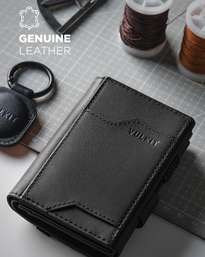 VULKIT Airtag Wallet with Keyring Mens Pop up Credit Card Wallet Compatiable with Air Tag Holder Trifold ID Window RFID Blocking
