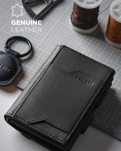 VULKIT Airtag Wallet with Keyring Mens Pop up Credit Card Wallet Compatiable with Air Tag Holder Trifold ID Window RFID Blocking