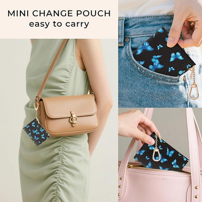 Blue Butterfly Keychain Coin Purse for Women, Small PU Leather Change Pouch, Zipper Little Tiny Travel Wallet for Girls, Cute Kawaii Zip Pocket Coin Holder with Key Ring