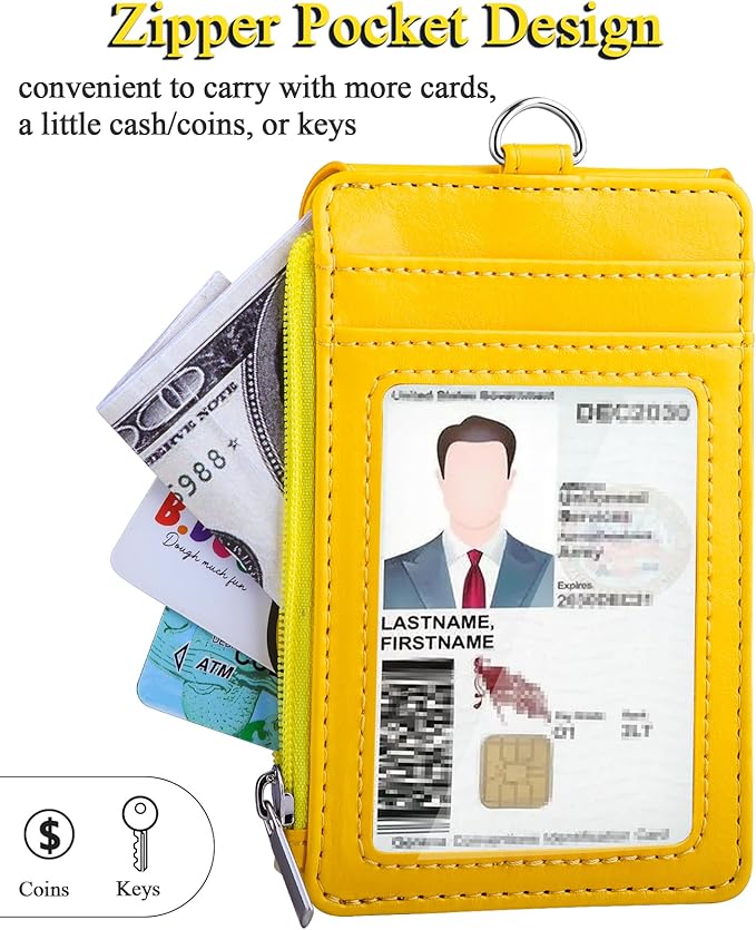 Teskyer Badge Holder with Side Zip Pocket, Multiple Card Slots Leather ID Holder Wallet with Neck Lanyard for Office Staffs, Teachers/Students, Workers, Cruise Cards, Bus/Metro Cards, Bright Yellow