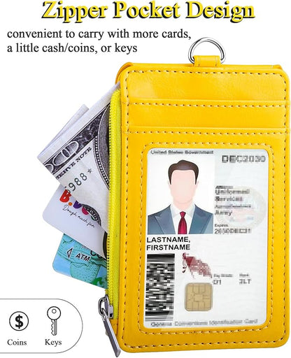 Teskyer Badge Holder with Side Zip Pocket, Multiple Card Slots Leather ID Holder Wallet with Neck Lanyard for Office Staffs, Teachers/Students, Workers, Cruise Cards, Bus/Metro Cards, Bright Yellow