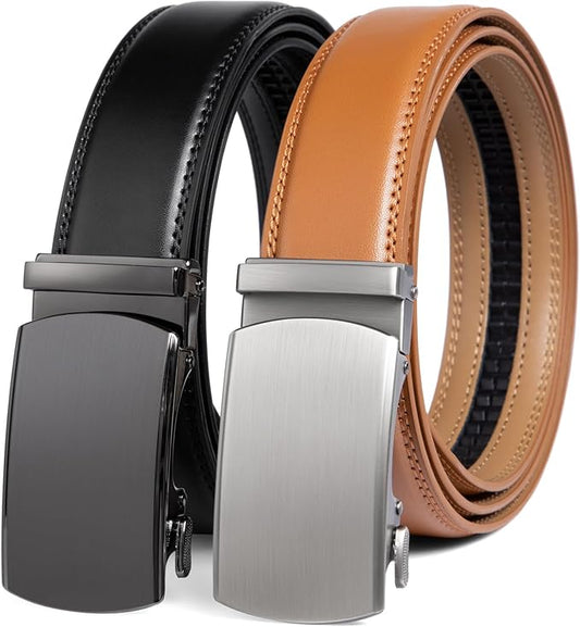 2 Pack Ratchet Belt 1 3/8", Mens leather Dress Belt in Gift Set Size 28"-62" Adjustable waist Trim to Fit