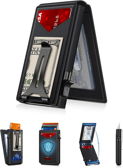 GHUKY Wallet for Men RFID Wallet with Money Clip, Slim Pop Up Card Holder for 10-12 Cards, Minimalist Smart Credit Card Case with ID Window, Bifold Metal Wallet for Front Pocket, Gifts for Men