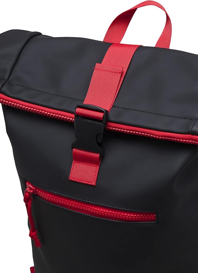 X RAY Roll Top Laptop Backpack for Men Women, PU Leather Expandable Roll Up Backpack Capacity Adjustable 22L & Fits 15.6" Laptop, Black/Red