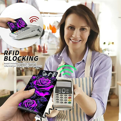 Minimalist Wallet for Men's Card Holders, Pop-Up Card Case Durable Wallets for Women, Leather Automatic Credit Card Holder with Metal Money Clip RFID Blocking Bifold Pocket, Purple Rose 01