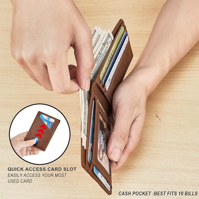 VANNANBA Real Leather Wallets for Men - Minimalist Wallet for Men with ID Window - RFID Blocking Slim Bifold Front Pocket Wallets with Gift Box(Vintage Brown)
