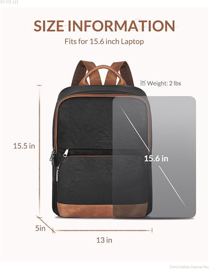 SYTRAH Leather Backpack for Women, Vintage 15.6 inch Laptop Backpack Purse for Women, College Casual Backpacks Ladies Computer Bags for Travel Business Work Black Brown