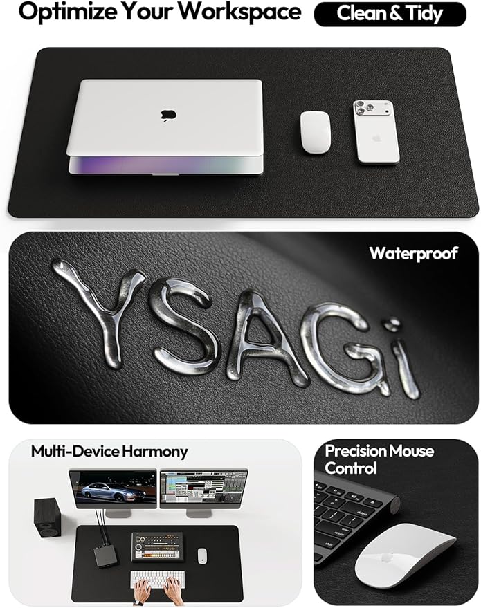 YSAGi Leather Desk Pad Protector, Office Desk Mat, Large Mouse Pad, Non-Slip PU Leather Desk Blotter, Laptop Desk Pad, Waterproof Desk Writing Pad Office and Home (Black, 35.4" x 17")