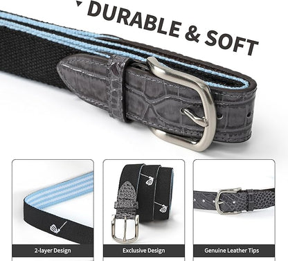 Mile High Life Golf Belts for Men, Canvas Belt with Genuine Leather Tips, Embroidered 2 Layer Web Belt with Pin Buckle
