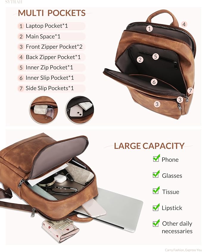 SYTRAH Leather Backpack for Women, Vintage 15.6 inch Laptop Backpack Purse for Women, College Casual Backpacks Ladies Computer Bags for Travel Business Work Mocha Brown