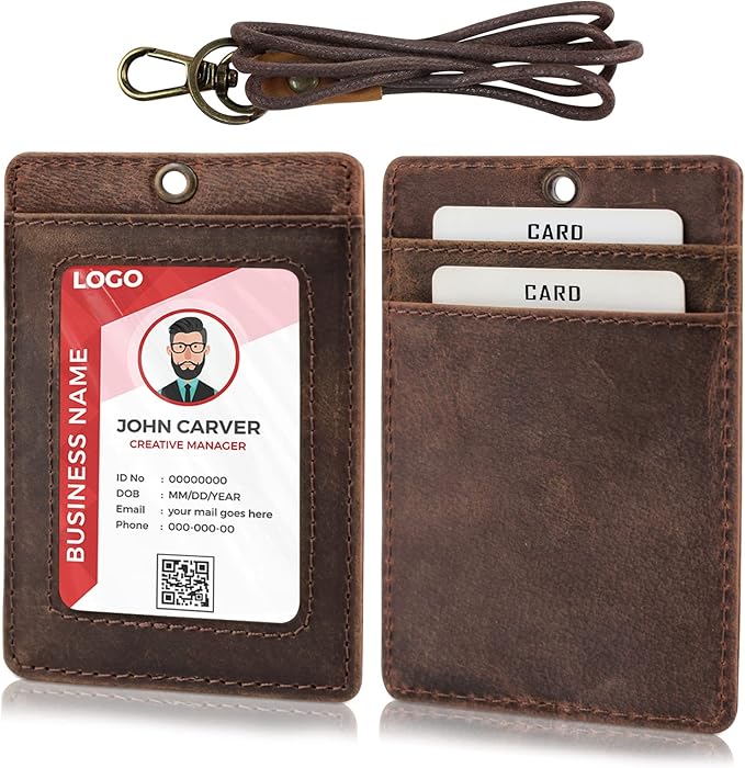 Boshiho Vertical Style Cowhide Leather ID Card Badge Holder with Heavy Duty Lanyard (Genuine Leather Dark Brown)