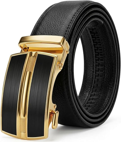 JINIU Men's Ratchet Belt Buckle, Black Genuine Leather Slide Belt for Men Dress Suit, Micro Adjustable Trim to Fit Boxed