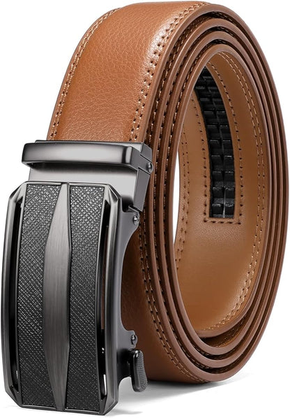 SENDEFN Men's Leather Belt Automatic Ratchet Buckle Slide Belt for Dress Casual Trim to Fit with Gift Box