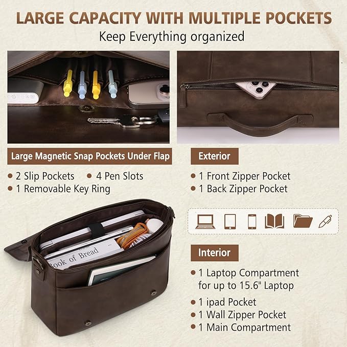 RAINSMORE Leather Messenger Bag for Men 15.6 Inch Laptop Bag Vintage Briefcase Large Computer Bag Satchel Shoulder Bag For College, Work, Business, Office, Dark Brown