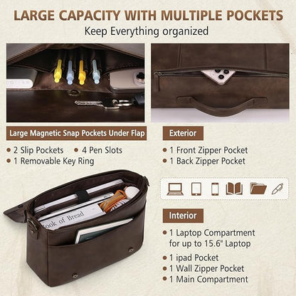 RAINSMORE Leather Messenger Bag for Men 15.6 Inch Laptop Bag Vintage Briefcase Large Computer Bag Satchel Shoulder Bag For College, Work, Business, Office, Dark Brown