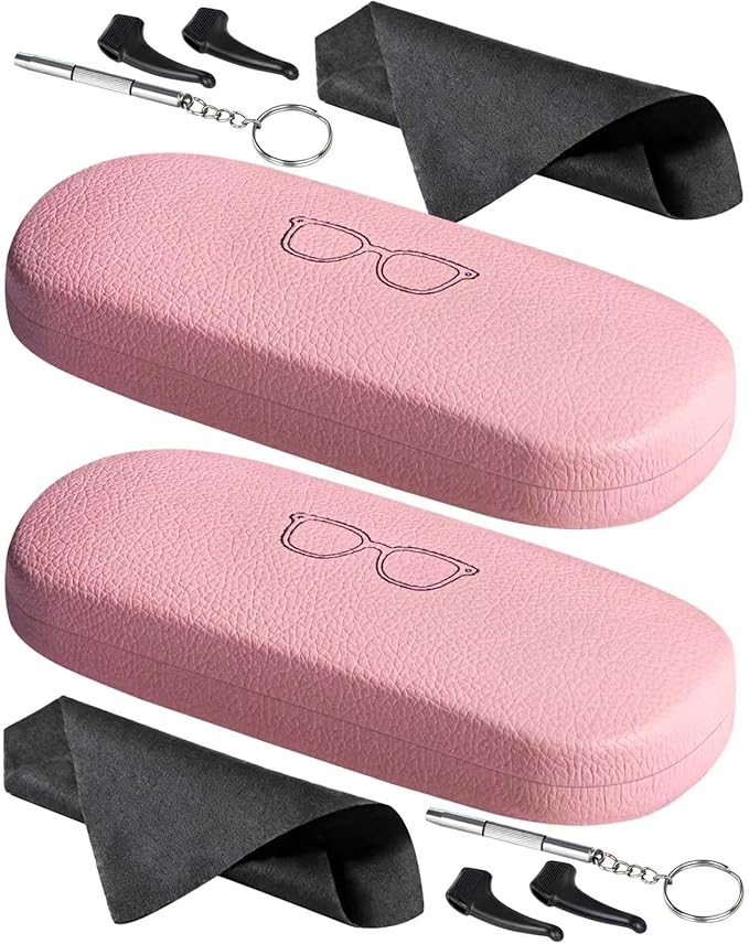 RayLove Glasses Case, 2 Pack Unisex Hard Shell Eyeglass Case PU Leather Hard Eyeglass Case with Eyewear Accessories