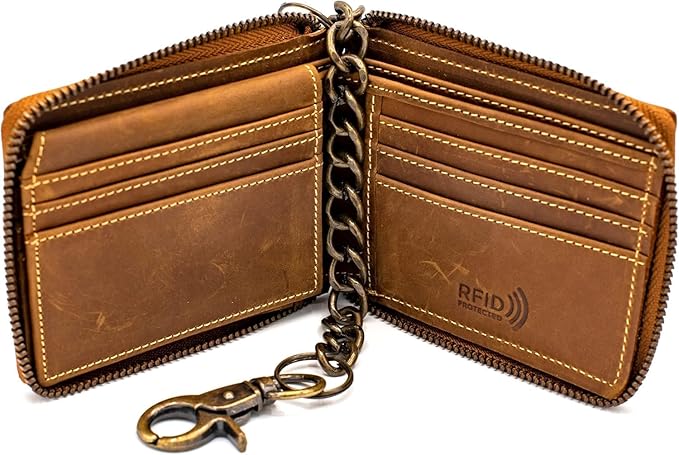 RFID Safe Leather Bi-fold Chain Wallet for Men Zip around Purse for Women Biker's Trucker YKK Metal Zipper Closure Filp up window ID (Vintage Brown with Chain)