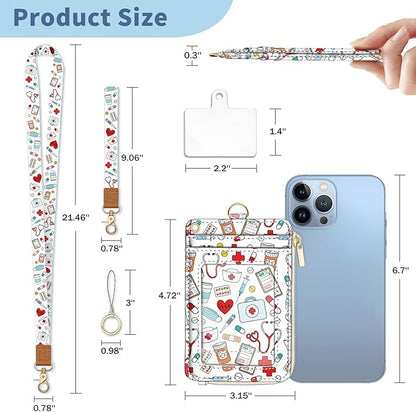Lanyard Wallet with Id Badge Holder, Nurse RFID Small Keychain Wallet Women Wristlet, Pharmacy Cute Zipper Credit Card Holder Phone Wrist Neck Strap for Key Name Tag, Student Office Gifts