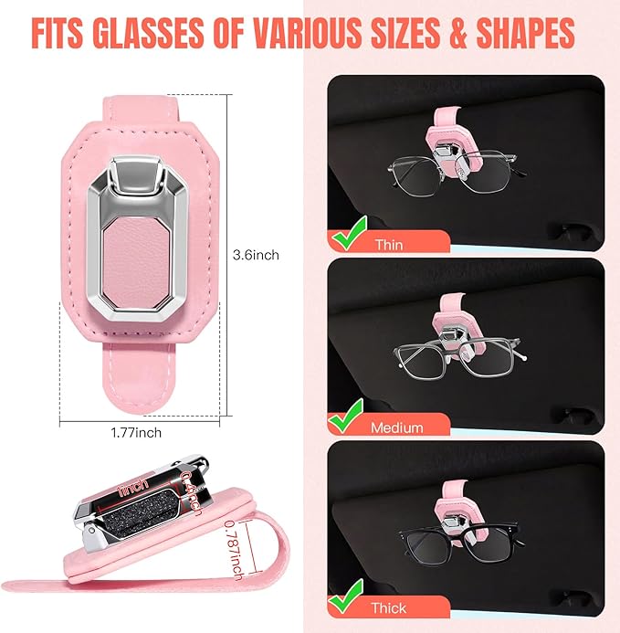 2PCS Sunglass Holder for Car Visor, Faux Leather Eyeglass Holder Clip for Car Sun Visor Organizer, Universal One Handed Operation Sun Glass Hanger, Car Interior Accessories for Women Man