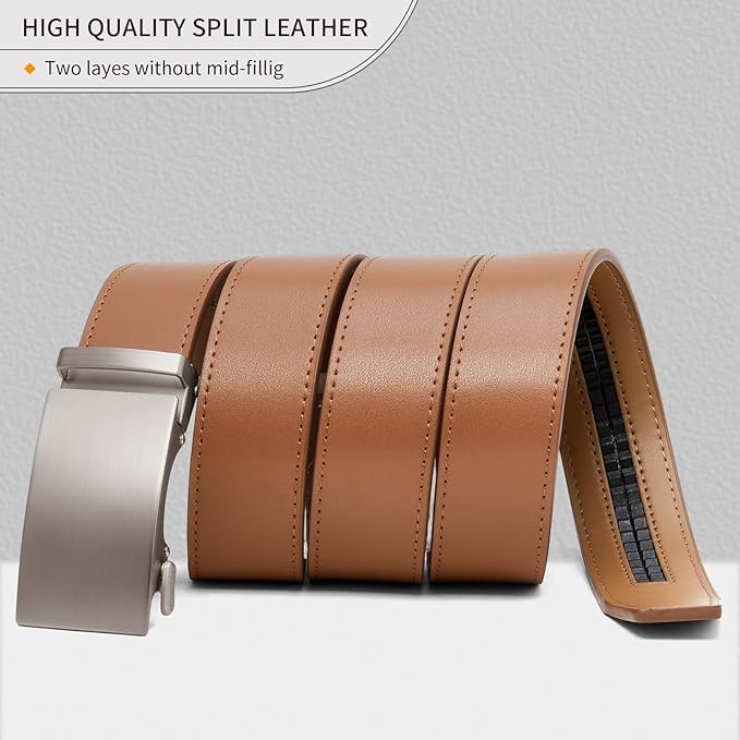 SENDEFN Men's Leather Belt Automatic Ratchet Buckle Slide Belt for Dress Casual Trim to Fit with Gift Box