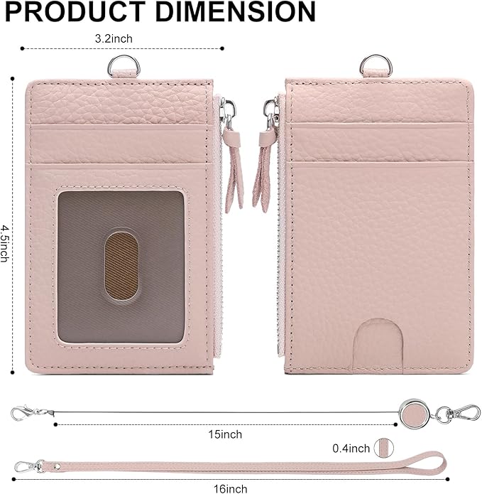 SENDEFN Retractable Badge Holder Wallet, Genuine Leather ID Card Holder with Removable Neck Lanyard Clasp, Five Card Slots, for Office Staff Women