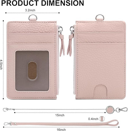 SENDEFN Retractable Badge Holder Wallet, Genuine Leather ID Card Holder with Removable Neck Lanyard Clasp, Five Card Slots, for Office Staff Women