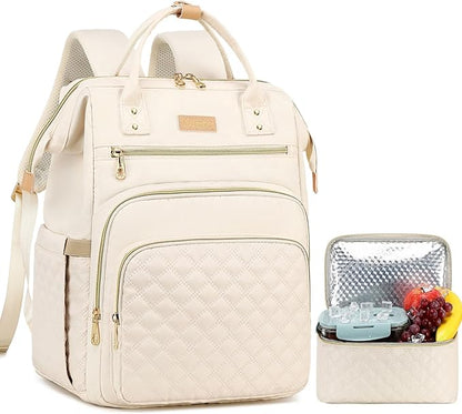 Lunch Backpack, 15.6 inch Laptop Backpack with Insulated Lunch Bag, Backpack Cooler for Women, Large Travel Backpack Lunch Box Compartment, Work Computer Backpack, Teacher College Book Bag, Beige
