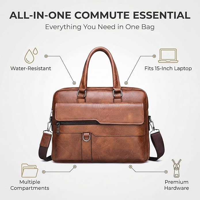Men's Leather Laptop Bag 15 IN, Water-Resistant Briefcase Messenger Bag for Work, Business, Shoulder Crossbody Office Satchel