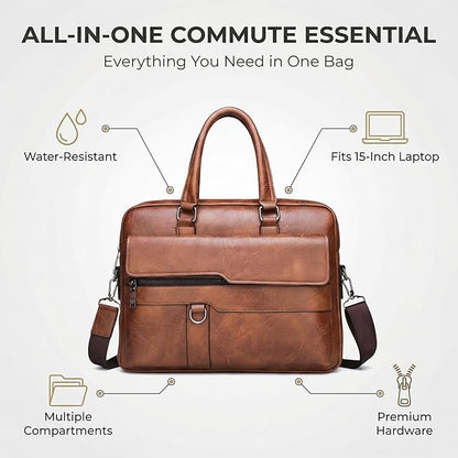 Men's Leather Laptop Bag 15 IN, Water-Resistant Briefcase Messenger Bag for Work, Business, Shoulder Crossbody Office Satchel