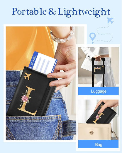 Slohif Initial Passport Holder Cover Wallet Case for Travel Women - Leather Letter Passport Book Family Multiple Personalized Organizer Card Slots Protector Sleeve Essentials Slim Carrier Black L