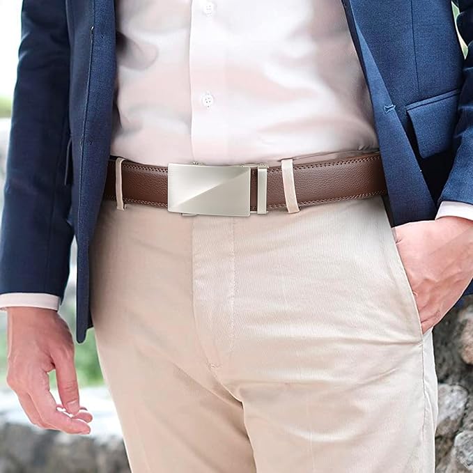SENDEFN Men's Leather Belt Automatic Ratchet Buckle Slide Belt for Dress Casual Trim to Fit with Gift Box