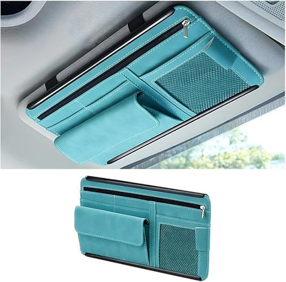 Car Sun Visor Organizer, Leather Vehicle Visor Card License Storage Pouch with Glasses Holder, Multifunctional Auto Interior Sunshade Document Pocket Organizer, Universal for Vehicles (Blue)