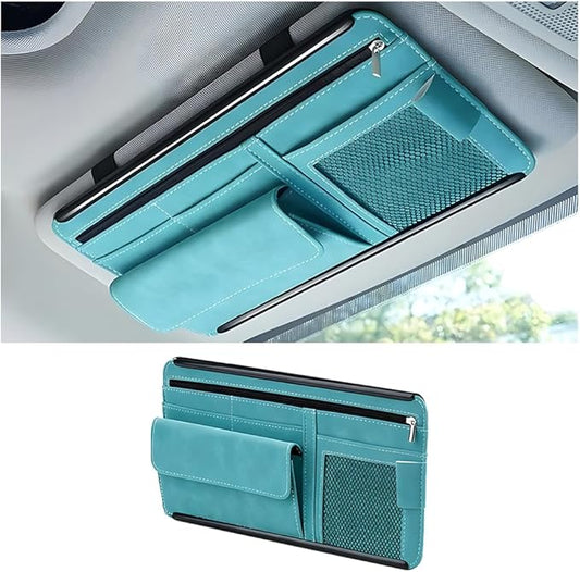 Car Sun Visor Organizer, Leather Vehicle Visor Card License Storage Pouch with Glasses Holder, Multifunctional Auto Interior Sunshade Document Pocket Organizer, Universal for Vehicles (Blue)